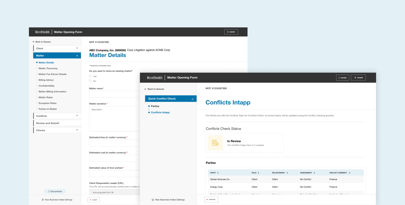 Matter Opening Form with matter details and conflicts intapp highlighted