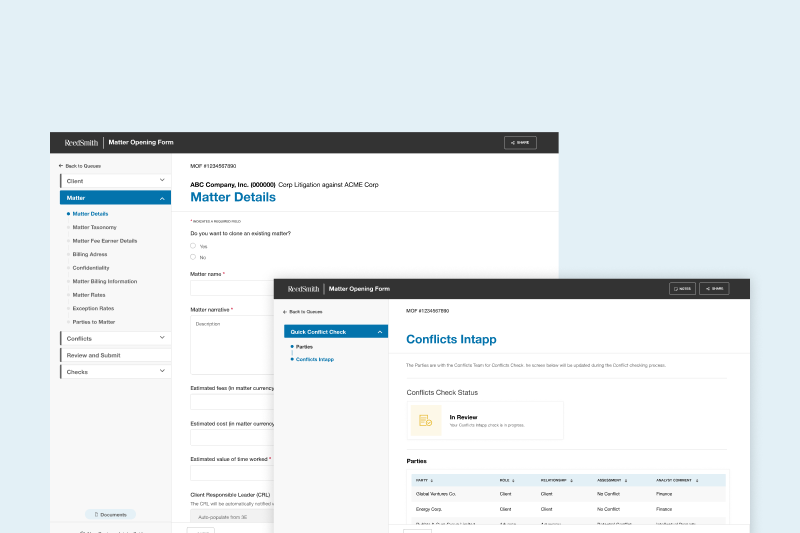 Matter Opening Form with matter details and conflicts intapp highlighted